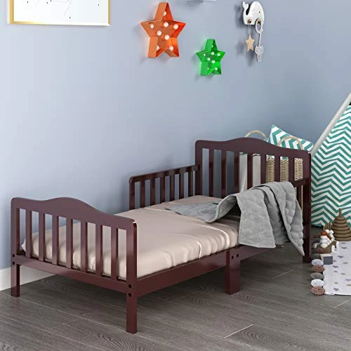 HONEY JOY Toddler Bed Frame, Solid Rubber Wood Frame W/Safety Guardrail, Fits Crib Full Size Mattress (Not Included), Children Classic Sleeping Bedroom Furniture For Kids Boys Girls(Brown) 5 HONEY JOY Toddler Bed Frame, Solid Rubber Wood Frame W/Safety Guardrail, Fits Crib Full Size Mattress (Not Included), Children Classic Sleeping Bedroom Furniture For Kids Boys Girls(Brown) - Image 3