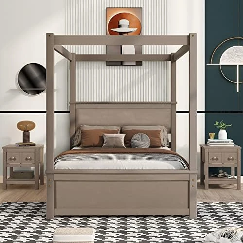 Full Size Wood Canopy Bed With Trundle And Two Nightstands, 4-Post Platform Frame Headboard, 3 Pieces Bedroom Set (Brushed White) Full Canopy Bed+2 Nightstands 17 Full Size Wood Canopy Bed With Trundle And Two Nightstands, 4-Post Platform Frame Headboard, 3 Pieces Bedroom Set (Brushed White) Full Canopy Bed+2 Nightstands - Image 15