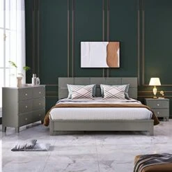 Queen Size Platform Bed With 2 Nightstands, 3 Pieces Queen Bedroom Set, Wood Queen Bed With Headboard, Queen Bedroom Furniture Sets (Champagne Silver) -Delta Children Shop 51xhKKFLFEL. AC