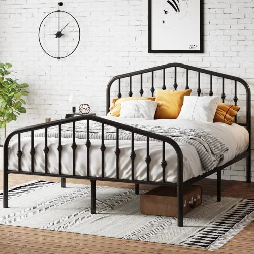 Platform Queen Size Metal Bed Frame With Vintage Headboard And Footboard, Heavy Duty Bed Frame With Large Storage, No Box Spring Needed, Easy Assembly, Black 4 Platform Queen Size Metal Bed Frame With Vintage Headboard And Footboard, Heavy Duty Bed Frame With Large Storage, No Box Spring Needed, Easy Assembly, Black - Image 2