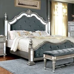 Azha Collection Glamorous Look Traditional Silver Finish Gray Padded Fabric Eastern King Size Bed Tufted HB FB Matching Dresser Mirror Nightstand Formal Bedroom Furniture 4pc Set -Delta Children Shop 614T91TJhyL