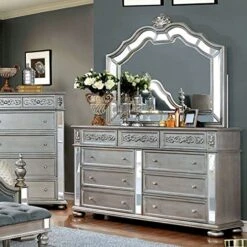 Azha Collection Glamorous Look Traditional Silver Finish Gray Padded Fabric Eastern King Size Bed Tufted HB FB Matching Dresser Mirror Nightstand Formal Bedroom Furniture 4pc Set -Delta Children Shop 61nnMs0wJrL